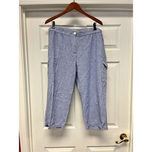Talbots Women’s Blue & White Stripe Linen Blend Capri Pull On Pants sz 18W EUC